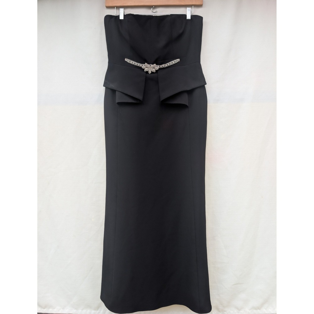 Aidan Mattox Strapless Peplum Gown Womens 14 Black Crystal Waist Glam Evening